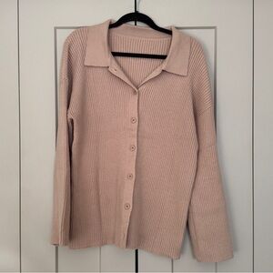 Cream Ribbed Button-Up Sweater | Collared Knit Cardigan | Size XL